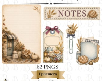 Vintage Fall Bakery Junk Journal Kit, 82 PNG Digital Ephemera, Cottage Bakery Clipart, Autumn Journal Cards, Old Mill Bakery