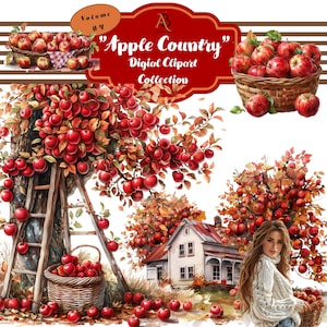 May include: A digital clipart collection called "Apple Country" featuring illustrations of red apples, a ladder, a tree, a house, and a woman with long brown hair.