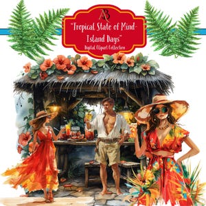 Clipart, digitaal, "Tropical State of Mind-Island Days" 70 png's: zomer, cabana, fruitige drankjes, tikihut, opspattend water, hangmat, lezen