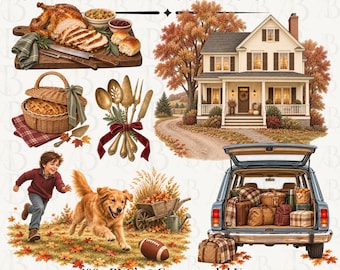 Home for Thanksgiving Clipart, Thanksgiving Family Watercolor PNG, Fall Autumn Clip Art, Commercial Use