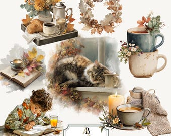 May include: A digital clipart collection featuring autumn-themed illustrations. Includes a sleeping cat, cups of coffee, a croissant, a wreath, a child writing, and the text "Autumn Mornings". The color palette includes warm tones of orange, brown, and beige.