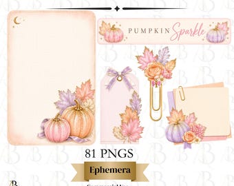 Pumpkin Sparkle Junk Journal Kit, Pastel Fall Ephemera PNG, Autumn Pumpkin Planner Stickers, Scrapbook Clipart, Commercial Use, 81 PNGS