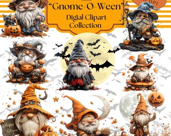 May include: A digital clipart collection of 40 Halloween gnomes. The gnomes are wearing various hats and costumes, and holding pumpkins, lanterns, and other Halloween-themed items. The text "Gnome-O-Ween" is displayed in a banner at the top of the image.