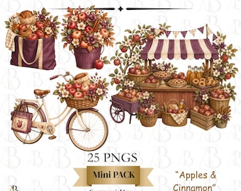 Apple Market Clipart, Fall Farmers Market PNG, Apple Cinnamon Clipart, Autumn Market, Apple Orchard, Cottagecore Clip Art, 25 PNG