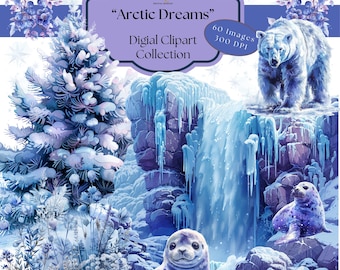 Arctic Dreams Clipart, Winter Animals, Snowy Mountains, Frosted Trees (Digital Download, 60 PNGs)
