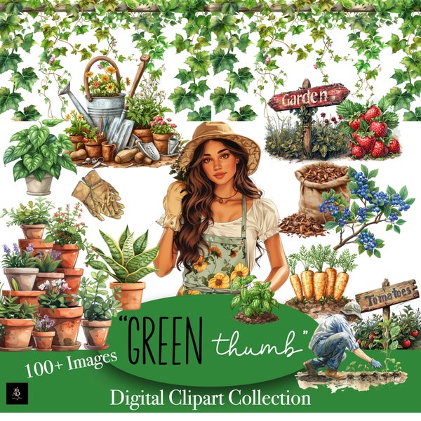 Green Thumb Digital Clipart Set for Digital Planner |100+ PNG's|Springtime Plants|Gardening| Farmers Market