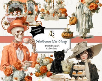 Puede incluir: Colección de imágenes prediseñadas digitales con temática de fiesta de té de Halloween. La imagen presenta un esqueleto con un traje naranja, un fantasma, un gato negro, calabazas, tazas de té y un carruaje. El texto "Halloween Tea Party" es visible.