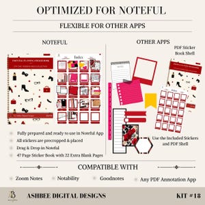 May include: Digital planner kit with stickers and a PDF shell. The kit includes a planner book with a red cover and a black and white design. The kit is compatible with Zoom Notes, Notability, Goodnotes, and any PDF annotation app. The text says "Optimized for Noteful".
