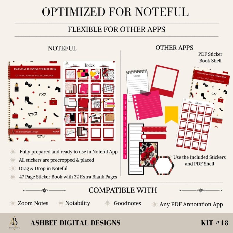May include: Digital planner kit with stickers and a PDF shell. The kit includes a planner book with a red cover and a black and white design. The kit is compatible with Zoom Notes, Notability, Goodnotes, and any PDF annotation app. The text says "Optimized for Noteful".