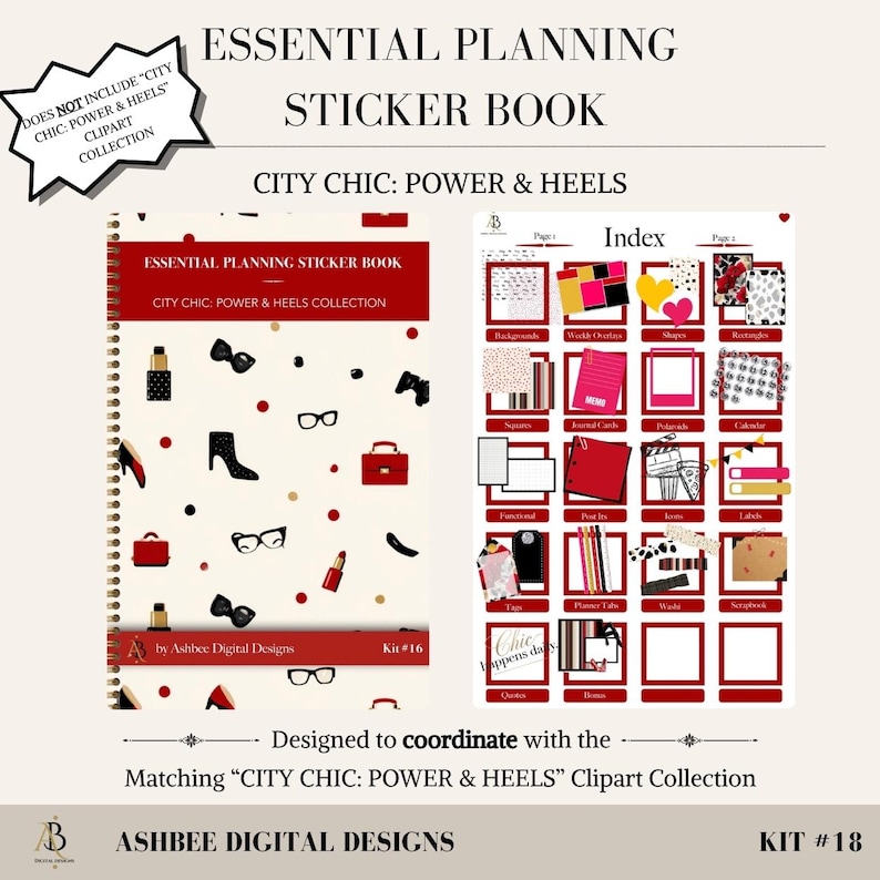 May include: A planner sticker book with a red cover and spiral binding. The cover features the text "Essential Planning Sticker Book" and "City Chic: Power & Heels Collection." Inside, there are various stickers and index pages. The design includes red, black, and white elements.