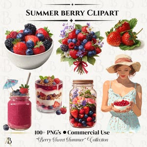 Könnte beinhalten: Digitales Clipart mit Sommerbeeren wie Erdbeeren, Blaubeeren und Brombeeren. Das Bild zeigt eine Schüssel mit Beeren, einen Strauß, einen Smoothie, ein Parfait und ein Glas voller Beeren. Der Text lautet "Summer Berry Clipart".