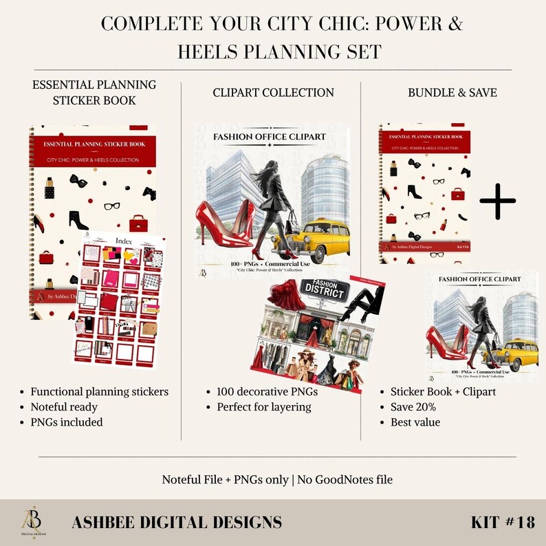 May include: A digital planning set titled "Complete Your City Chic: Power & Heels Planning Set." The set includes a sticker book, clipart collection, and a bundle option. The clipart features fashion illustrations, including high heels and city scenes.