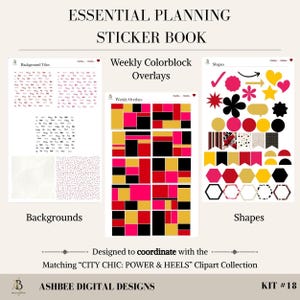 May include: An Essential Planning Sticker Book with backgrounds, weekly color block overlays, and shapes. The sticker book includes various designs in black, pink, red, and gold. The text "ESSENTIAL PLANNING STICKER BOOK" is at the top.