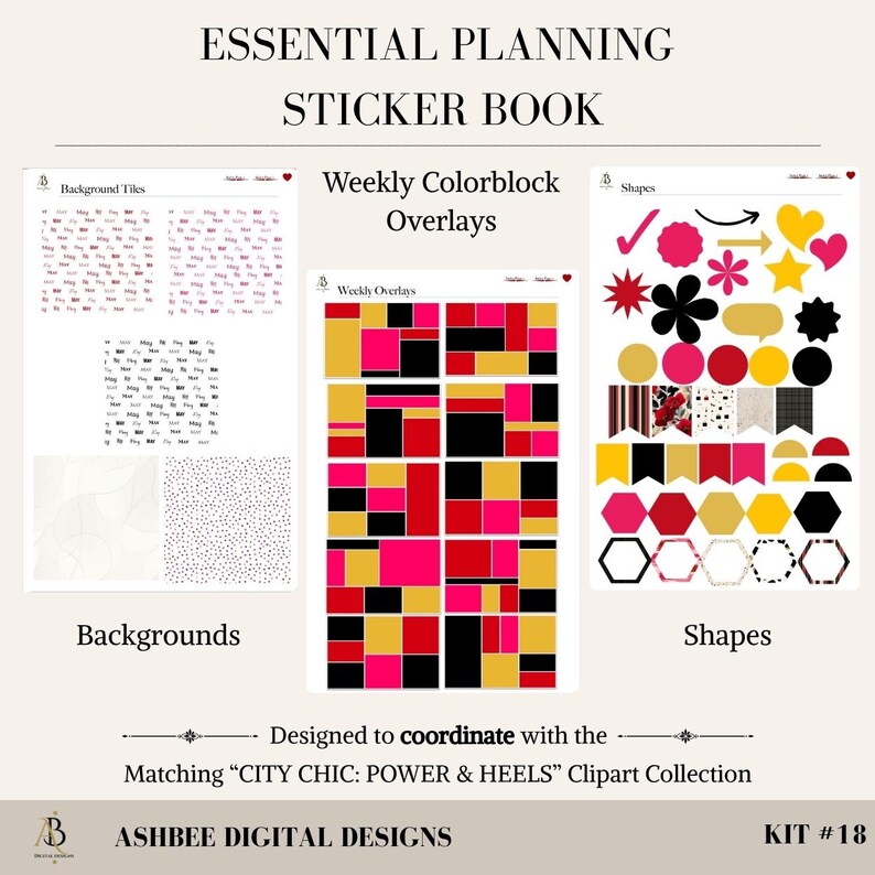 May include: An Essential Planning Sticker Book with backgrounds, weekly color block overlays, and shapes. The sticker book includes various designs in black, pink, red, and gold. The text "ESSENTIAL PLANNING STICKER BOOK" is at the top.