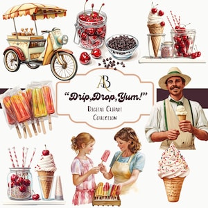 Clipart, Digital, &quot;Drip, Drop, Yum&quot; 70 PNG&#39;s- Ice Cream, Build Your Own Ice Cream Bar,  Popsicles, Waffle Cone, Vintage Ice Cream Parlor
