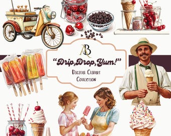 Ice Cream Clipart, Popsicles, Waffle Cones, Vintage Parlor, "Drip Drop Yum Colletion" (Digital Download)