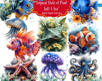Clipart, Digital, &quot;Tropical State of Mind-Salt & Sea&quot; 80 PNG&#39;s- Tropical Sea Animals, Coral Reef, Boats, Fish, Sea Turtle – Commercial Use