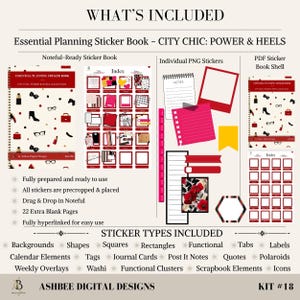 May include: An essential planning sticker book titled "CITY CHIC: POWER & HEELS" with various sticker types, including backgrounds, shapes, and calendar elements. The image shows a Noteful-ready sticker book, individual PNG stickers, and a PDF sticker book shell. The kit includes 22 extra blank pages.