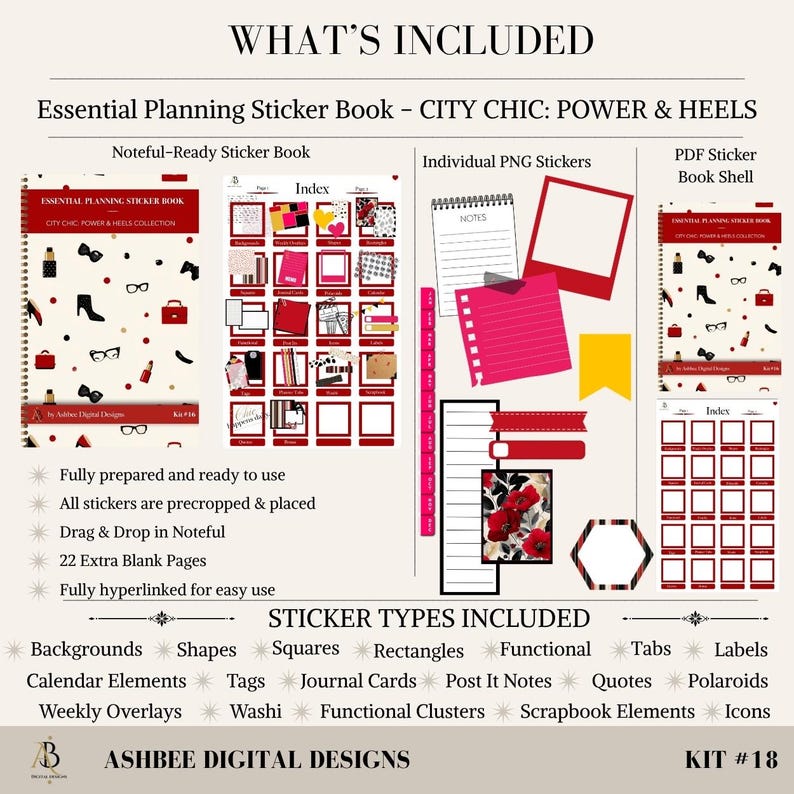 May include: An essential planning sticker book titled "CITY CHIC: POWER & HEELS" with various sticker types, including backgrounds, shapes, and calendar elements. The image shows a Noteful-ready sticker book, individual PNG stickers, and a PDF sticker book shell. The kit includes 22 extra blank pages.