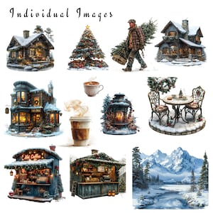 May include: A collection of winter-themed illustrations featuring a cozy cabin, a Christmas tree, a man carrying a Christmas tree, a cabin with a porch, a coffee shop, a lantern, a table with chairs, a coffee stand, a coffee stand with a Christmas wreath, and a snowy mountain landscape.