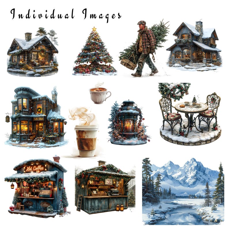 May include: A collection of winter-themed illustrations featuring a cozy cabin, a Christmas tree, a man carrying a Christmas tree, a cabin with a porch, a coffee shop, a lantern, a table with chairs, a coffee stand, a coffee stand with a Christmas wreath, and a snowy mountain landscape.
