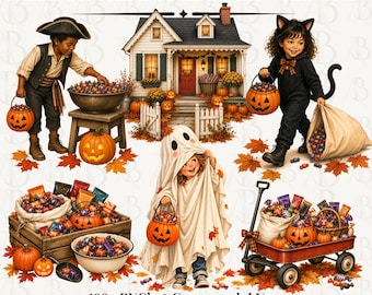 Trick or Treat Halloween Clipart, Vintage Halloween Kids PNG, Halloween House & Pumpkin Clip Art, Fall Autumn Commercial Use, 115 PNGS