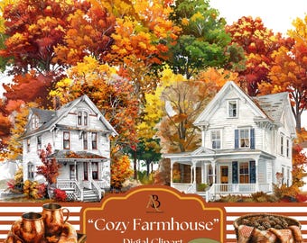 Cozy Fall Farmhouse Clipart, Autumn PNG Images (Digital Download)