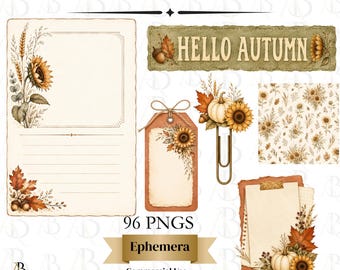 Sunflower Autumn Junk Journal Kit, Fall Ephemera PNG, Vintage Sunflower Clipart, Printable Scrapbook, Autumn Journal Cards, Commercial Use