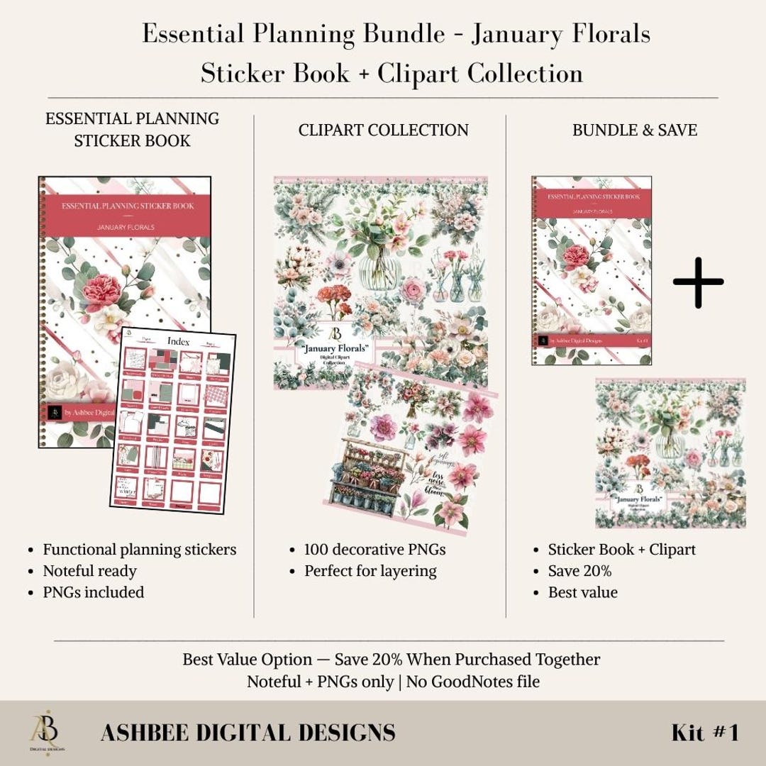 Essential Planning Bundle – January Florals | Sticker Book + Clipart ...