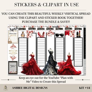May include: A digital planner kit with a weekly vertical layout. The design includes illustrations of dresses, accessories, and floral accents. Text includes "April", "May", and phrases like "Own your power" and "Elegance is power."