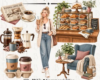 Coffee Shop Clipart Bundle: 100+ Watercolor Coffee, Pastries & Café PNGs, National Coffee Day
