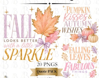 Pumpkin Sparkle Fall Quotes PNG Bundle, 20 Pastel Autumn Quote Clipart, Pink Pumpkin Sublimation, Glitter Fall Typography, Commercial Use