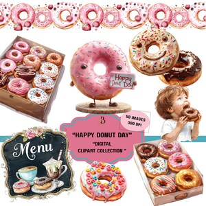 Clipart, digitaal, "Happy Donut Day" 50 png's, donut png's, donutdag, koffie en donuts, zoete traktatie, nationale donutdag, planner clipart