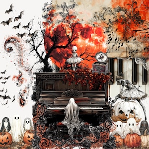 May include: A digitally created Halloween-themed image featuring a grand piano, ghosts, pumpkins, and bats. The scene includes a red moon, musical notes, and decorative elements, creating a spooky and artistic composition. The color palette is dominated by black, orange, and white.