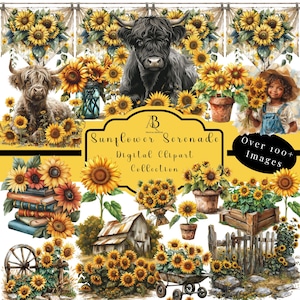 Clipart Digital Clipart PNG Sunflowers Summer Scenes Sunflower Highland Cow Digital Planner clipart Junk Journal &quot;Sunflower Serenade&quot;