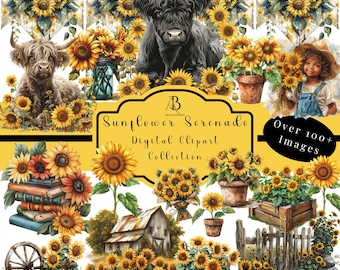 Clipart Digital Clipart PNG Sunflowers Summer Scenes Sunflower Highland Cow Digital Planner clipart Junk Journal &quot;Sunflower Serenade&quot;