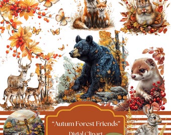 Autumn Forest Animals Clipart, Fall PNG Graphics (Digital Download)