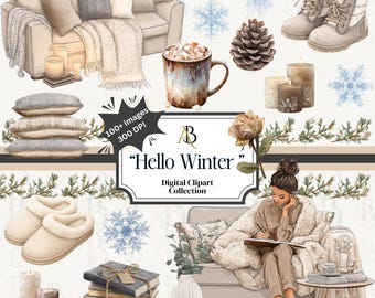 Hallo Winter Clipart Bundle | Gemütliche Winter Clipart PNG | Winter Ästhetische Clipart | Neutrale Winter Grafiken | Planner & Scrapbook Clipart