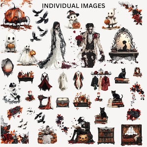 May include: A collection of digitally illustrated Halloween-themed images. The images include a pumpkin carriage, spooky figures, dresses, a black cat on books, and floral arrangements. The text "INDIVIDUAL IMAGES" is at the top.