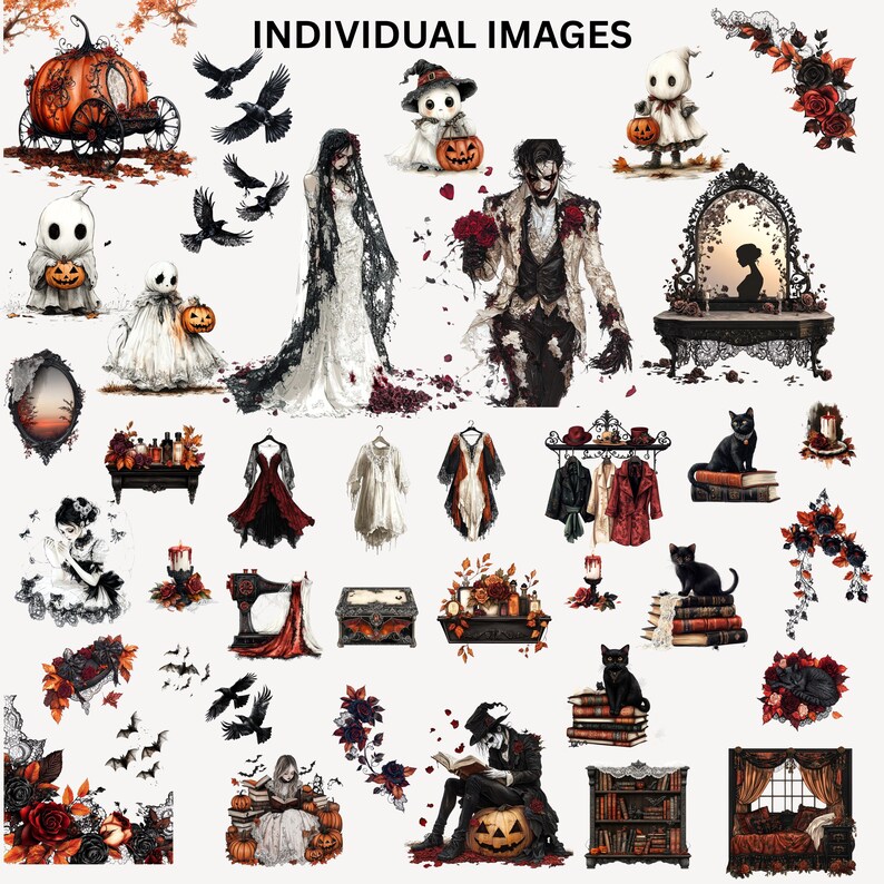 May include: A collection of digitally illustrated Halloween-themed images. The images include a pumpkin carriage, spooky figures, dresses, a black cat on books, and floral arrangements. The text "INDIVIDUAL IMAGES" is at the top.