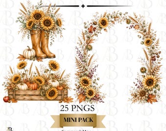 Sunflower Autumn Clipart Mini Pack, Fall Pumpkin PNG, Rustic Farmhouse Clip Art, Cottagecore Fall Decor, Commercial Use, 25 PNG