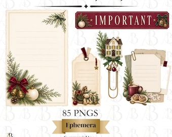 Home for Christmas Junk Journal Ephemera PNG Bundle, Vintage Christmas Scrapbook Kit, Christmas Planner Stickers, Holiday Journal Cards