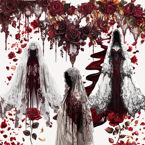 May include: An artistic digital illustration featuring three figures draped in white lace veils and gowns, with a dark red, blood-like design. The image is adorned with red roses and decorative lace elements, creating a gothic, romantic theme.