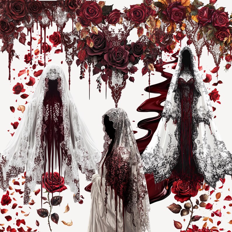 May include: An artistic digital illustration featuring three figures draped in white lace veils and gowns, with a dark red, blood-like design. The image is adorned with red roses and decorative lace elements, creating a gothic, romantic theme.