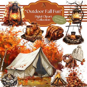 Clipart digital "Diversão ao ar livre no outono", 25 PNGs, Fogueira, Brincando nas folhas, Passeando com o cachorro, Gorro e cachecol aconchegantes, Smore's, Passeio de carroça
