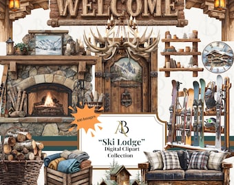 Ski Lodge-clipartbundel | Gezellige winterlodge-afbeeldingen | Clipart Alpenhut | Rustieke winterranden en decoratie | Commercieel gebruik: 100 png-bestanden