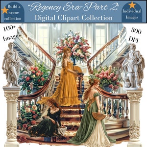 Op de afbeelding: Een digitale clipart-collectie met vier vrouwen in jurken uit de Regency-tijd die op een grote trap met sierlijke leuningen staan. De vrouwen dragen gele, groene en witte jurken. De trap is versierd met bloemen en een grote vaas met bloemen.