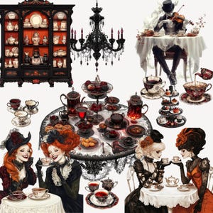 May include: An artistic depiction of a Victorian tea party. The image features a black chandelier, a cabinet filled with teacups, and a table laden with pastries, teacups, and teapots. Several women in elaborate dresses are enjoying tea.