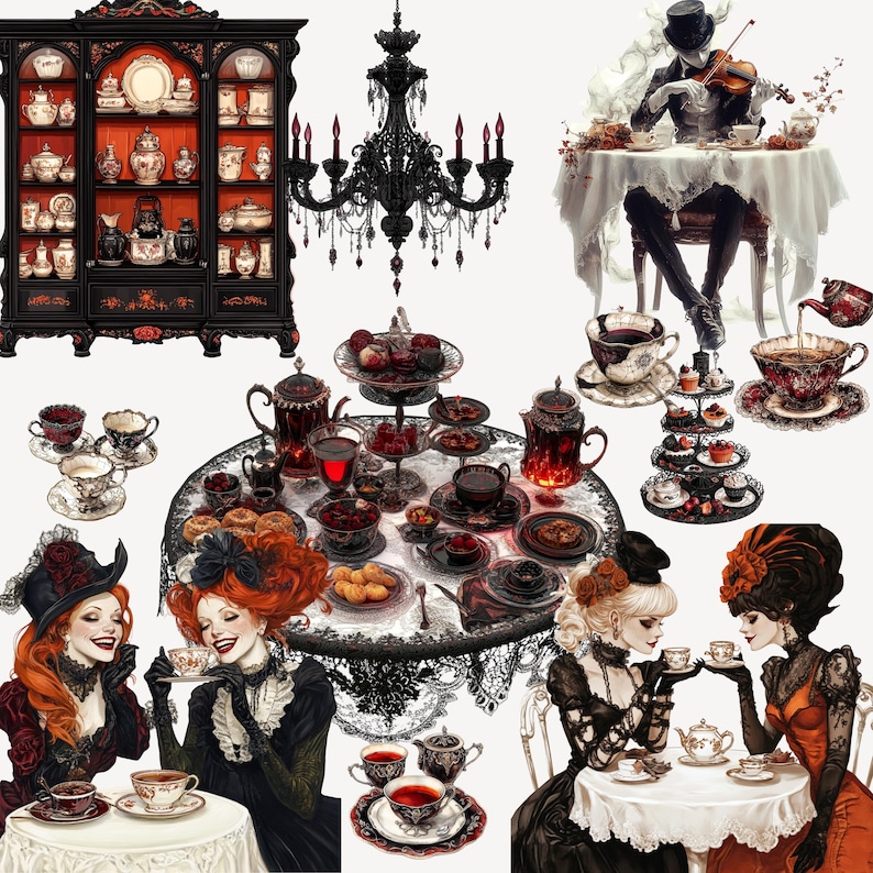 May include: An artistic depiction of a Victorian tea party. The image features a black chandelier, a cabinet filled with teacups, and a table laden with pastries, teacups, and teapots. Several women in elaborate dresses are enjoying tea.