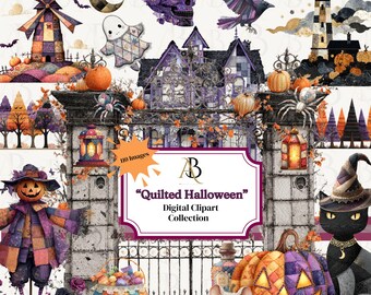 Gewatteerde Halloween-clipartbundel | Cottagecore Patchwork-png's (digitale download)
